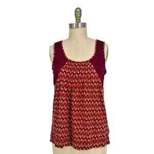 Fossil Embroidered Tank Top Womens Large Autumn Leaves Burgundy Orange Cotton